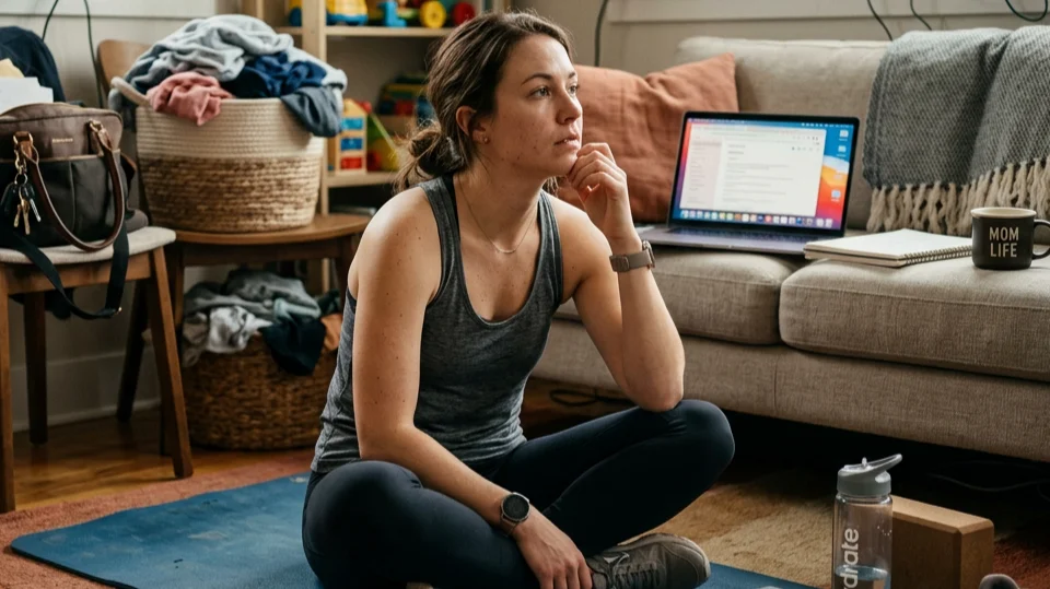 Mujer sentada en casa después de entrenar